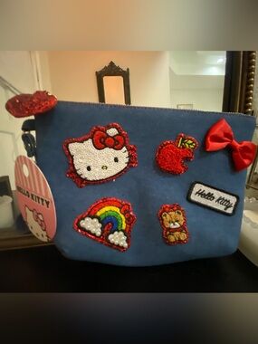 Hello Kitty Blue Sequin Patch Pouch with Rainbow & Apple
